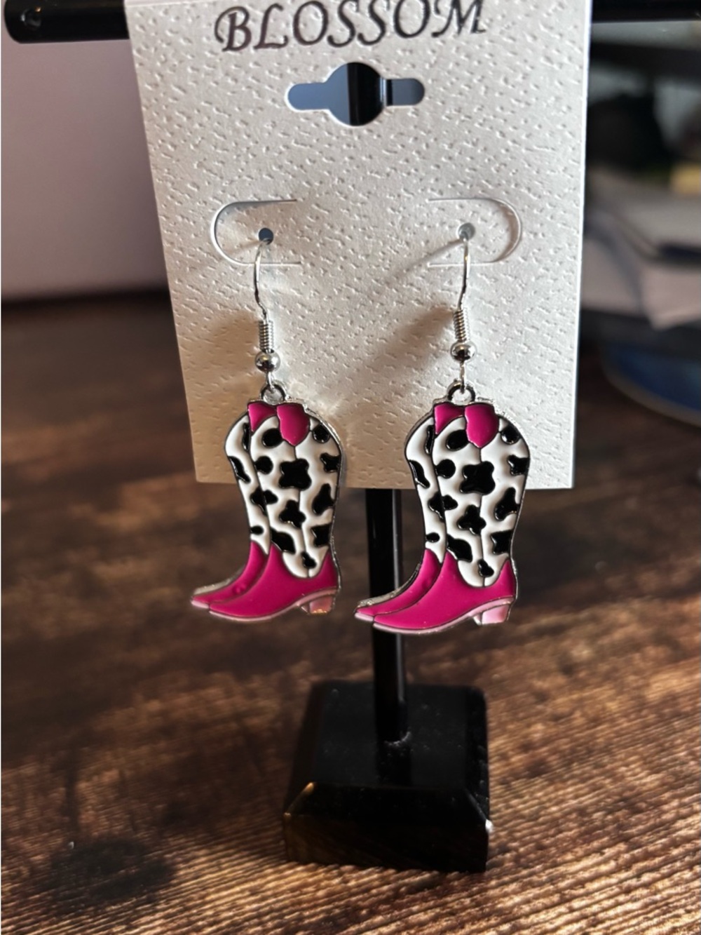 Blossom Pink Cowhide Cowboy Boot Dangle Earrings